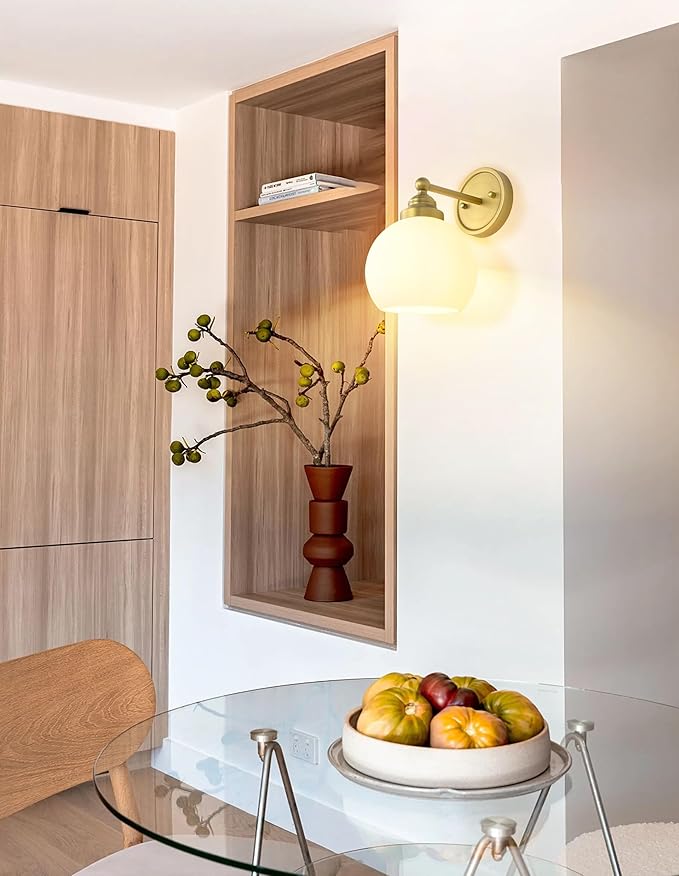 Vintage Brass Wall Sconce Light, Industrial Bathroom Vanity Wall Lighting Globe Glass Shade, Indoor Wall Mounted Lamp Fixture for Bedroom Living Room Hallway