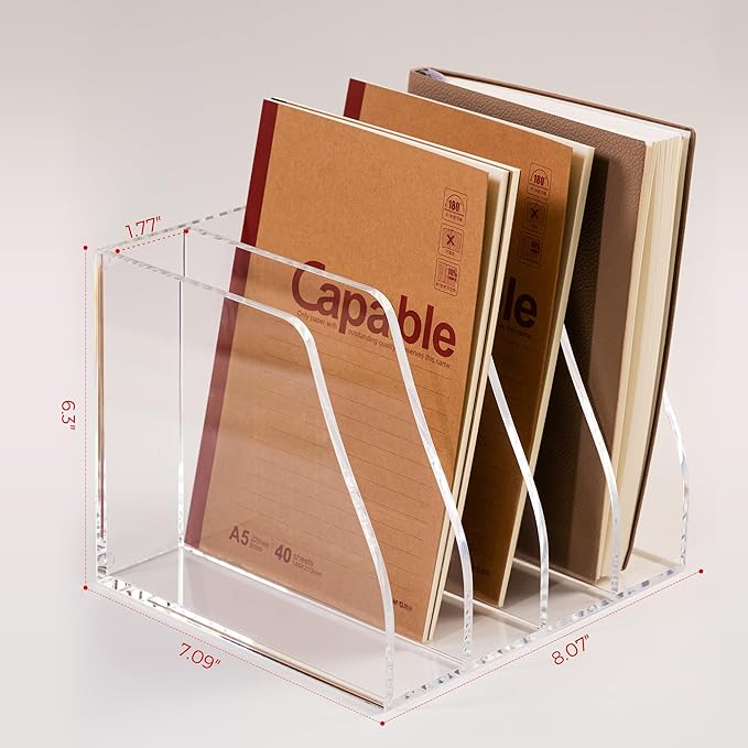 Acrylic Magazine File Holder, 4 Vertical Compartments Desk Document Sorter Organizer, Clear Folder Rack Binder for Office/Home/Classroom, for Documents, Tablet, Magazines, Books & Accessories