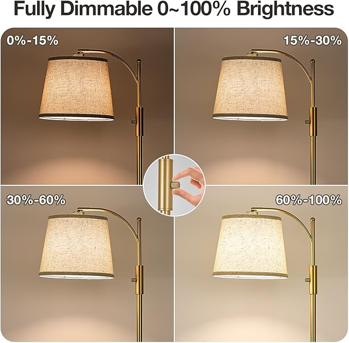 AIDENOEY Fully Dimmable Floor Lamp for Living Room，Standing Lamp Rotary Switch with Table&Linen Beige Shade，Golden Tall Lamps for Bedroom with Adjust Head，9W LED Bulb Included