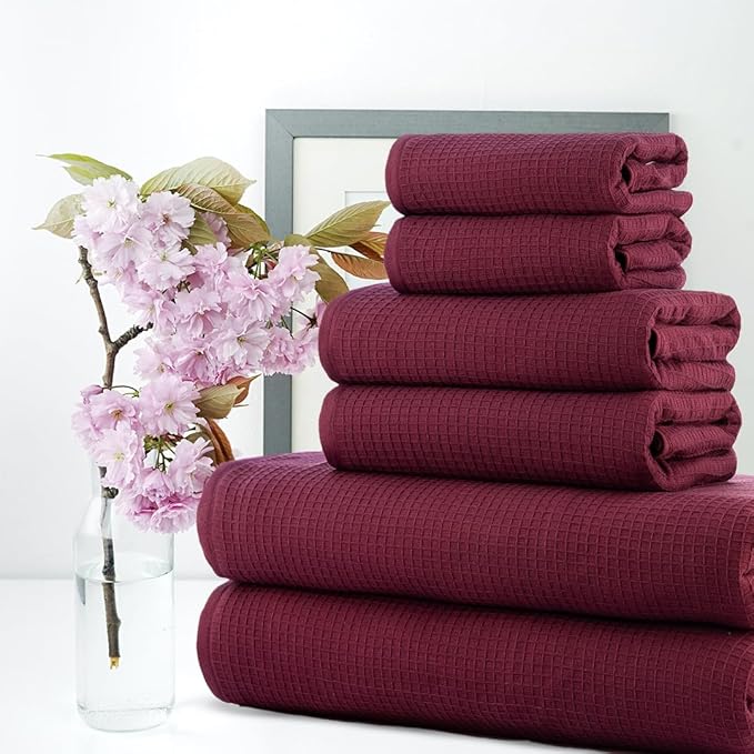 CASA COPENHAGEN Waffle Terry Towel 6Pcs Set, Cotton Extra Large Luxurious- Burgundy, 2Bath Sheets XL- 35 x 70 Inch, 2Large Hand Towels- 20 x 31Inch, 2Large Washcloths- 16 x 16 Inch