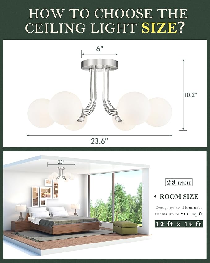 Brushed Nickel Ceiling Light in Modern Farmhouse Design Features 6 Frosted Glass Shades, Ideal for The Living Room, Bedroom, or Dining Room. Model: CKCL4845-6W-BN
