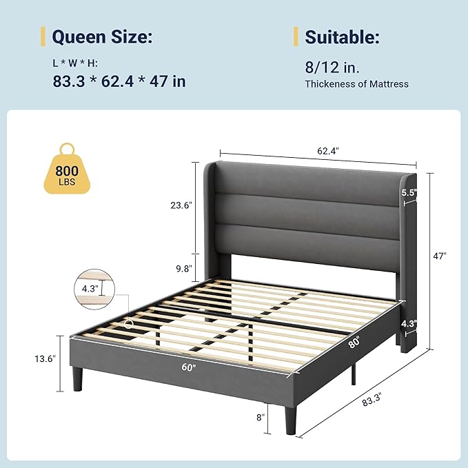 Allewie Queen Size Platform Bed Frame with Velvet Upholstered Wingback Headboard, No Box Spring Needed, Under Bed Storage Space, Strong Wooden Slats, Modern Mattress Foundation, Easy Assembly, Grey