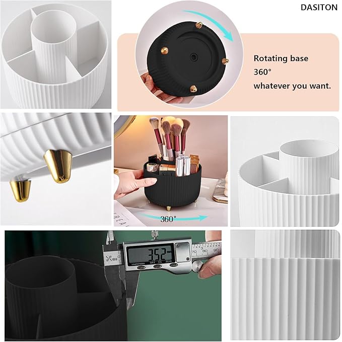 DASITON Large Capacity Makeup Brush Holder,360° Rotating Makeup Organizer,5 Slot Makeup Brushes Cup,for Vanity Decor,Bathroom Countertops,Desk Storage Container,Cosmetic Display cases(Black)