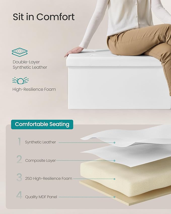 SONGMICS MAZIE Collection - 43 Inches Folding Storage Ottoman Bench, Ottoman with Storage, Foot Rest Stool, Load 660 lb, for Living Room, Synthetic Leather, White ULSF702