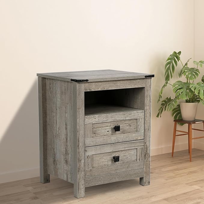 Nightstand with 2 Drawers, Wooden Night Stands, Grey Bedside Table Side Table for Bedroom Storage Cabinet End Table for Bedroom, Rustic Grey, Nightstand