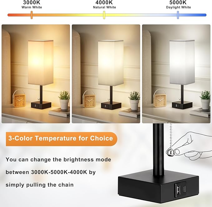 Bedside Table Lamps Set of 2 - Grey Bedroom Lamps with 3 Color Temperatures (3000K/5000K/4000K), Two Square Nightstand Lamps with USB C + A Charging Ports, Pull Chain Small Night Light for End Table