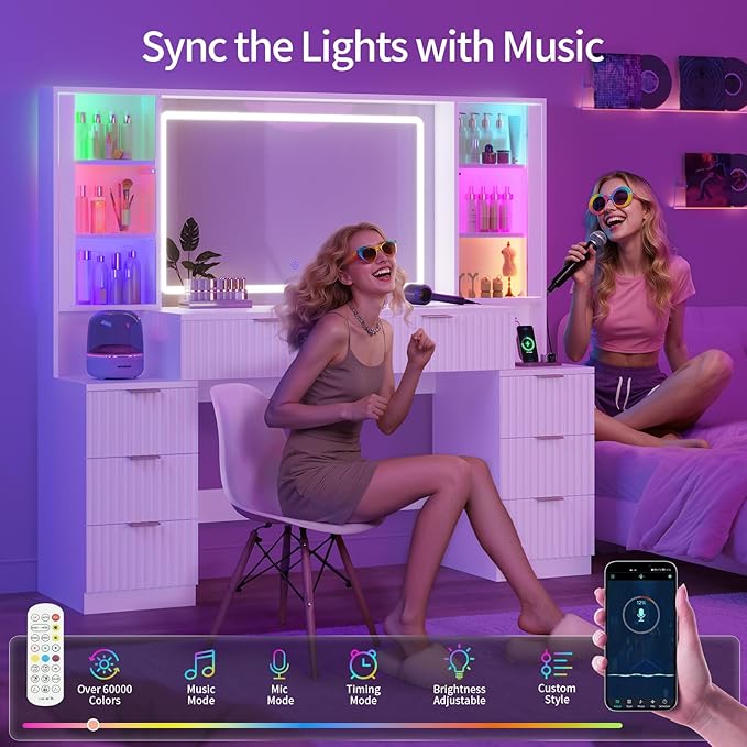 Big Vanity, 59.1" Fluted Wood Makeup Vanity Desk with Mirror and Sound Sync LED Lights, Large Vanity Dressing Table, 8 Drawers, 2 Glass Cabinets, with Charging Station for Girls, Women (White)