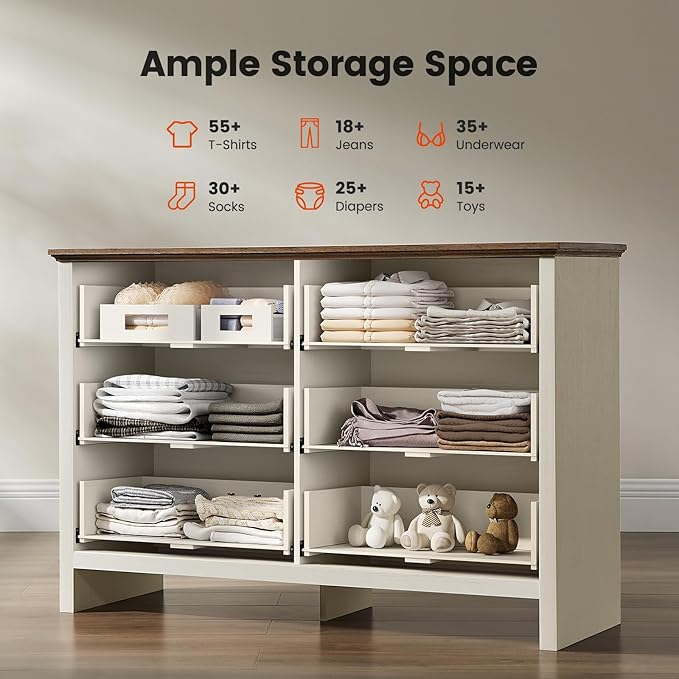 Amada Farmhouse 6 Drawer Dresser for Bedroom, 47.2 Inch Wide Wood Dresser with Natural Texture, Large Drawers, Rustic Farmhouse Chest of Drawers for Bedroom, Living Room, Hallway, Brown & White