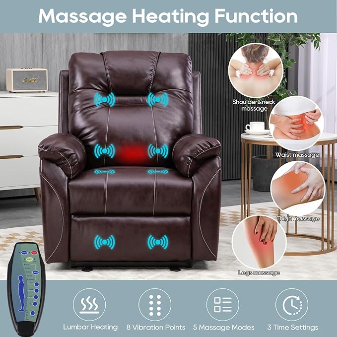 Power Recliner Chair,Wall Hugger Recliner with Heat and Massage,PU Leather Recliner Chair with 2 Side Pockets, USB & Type-C Port, Electric Recliner Chair for Living Room