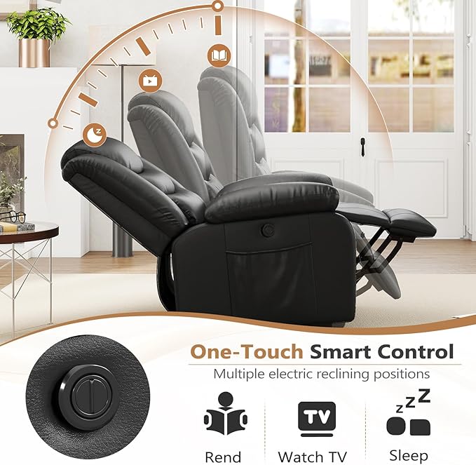ANJ Power Lift Recliner Chair with Massage and Heat, PU Leather Overstuffed Electric Lift Chair for Elderly, Oversized Single Sofa Recliner with Side Pockets, Remote Control(Black)