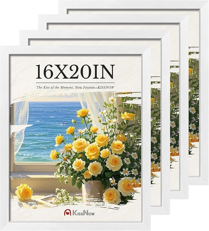16x20 Picture Frame 4 Pack, Textured White Solid Wood, Wall Gallery Poster Frame
