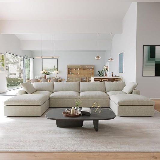 JACH U-Shaped Cloud Sectional Couch for Living Room, Modular Convertible Sectional Couch, Sofa Cushion Covers Removable, Comfy Sofas with Chaise Ottomans for Apartment, Office (Khaki)