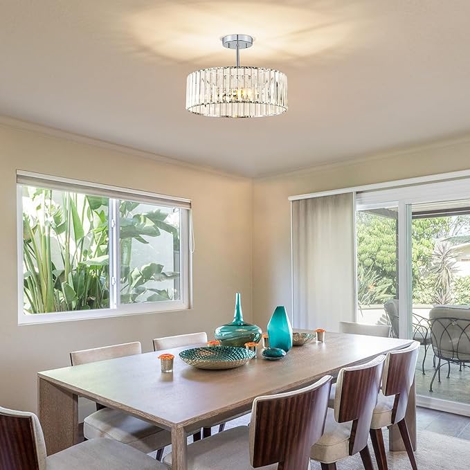Crystal Chrome Ceiling Light, Modern Semi Flush Mount Ceiling Lighting Fixture, Round Hallway Lighting Fixtures Chandelier for Kitchen Entryway Bedroom Dining Room, 3-Light, 15.7 Inch