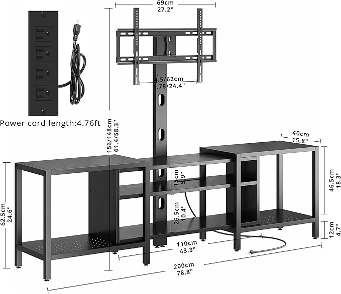 IRONCK 79 Inch TV Stand for TVs up to 85 Inch with Mount and Power Outlet, 3 Tiers TV Console with Storage Shelves, Entertainment Center, Steel Frame, for Living Room, Bedroom, Black