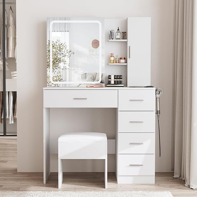 Fameill White Vanity Desk with Mirror and Lights,Makeup Vanity Table Set with Power Strip and Sliding Locker,Visual Drawer Dressing Table with 5 Drawers&Shelves&Cabinet,3 Lighting Modes