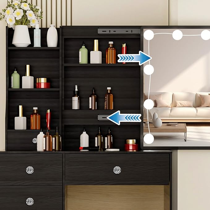 Black Vanity Desk with Sliding Mirror and Light, Small Makeup Vanity Table with 5 Drawers and Cushioned Stool for Bedroom, Makeup Vanity Set for Bedroom