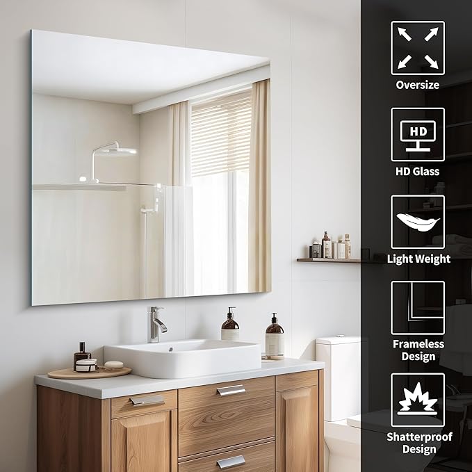 Frameless Mirror, 42x42 inch Square Bathroom Mirrors for Wall, Upgraded Shatterproof Vanity Mirror Over Sink with Polished Edge for Bathroom,Bedroom,Living Room and Entryway