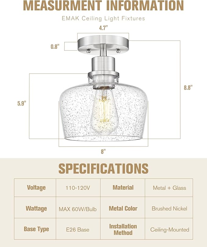 Emak Modern 8 Inch Ceiling Light Fixtures, Brushed Nickel Semi Flush Mount Ceiling Light with Seeded Glass Shade, Flush Mount Light Fixture for Bathroom, Bedroom, Kitchen, Hallway, FM122-BN-SG