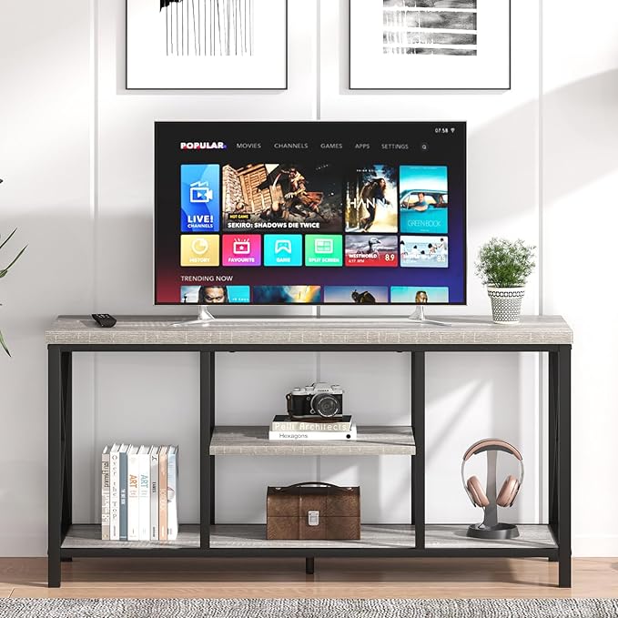 FOLUBAN Modern TV Stand for TVs up to 55 Inch, Rustic Wood Entertainment Center with Storage Shelves, Industrial Media TV Console and TV Table for Living Room Bedroom, 47 Inch Light Grey