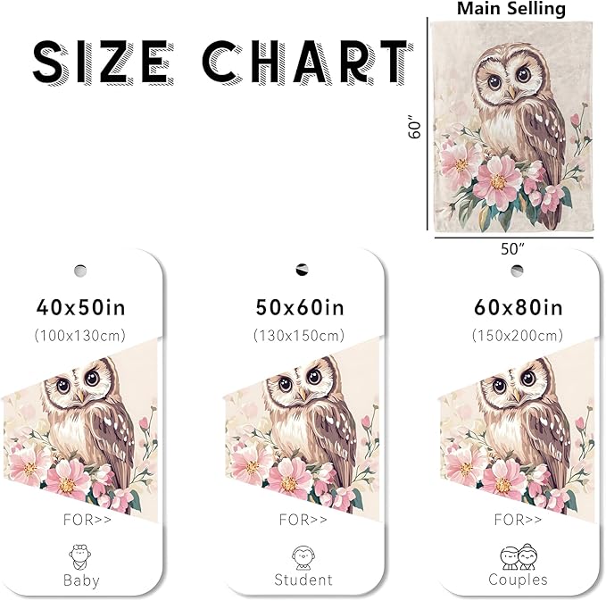 Sweet Owl Blanket, Cozy Flannel Charming Owls and Pink Flowers Throw Blanket for Couch Outdoor, Plush Soft Lightweight Travel Blankets for Bed Decor and Gifts, for Women Adults Kids 50"x60"