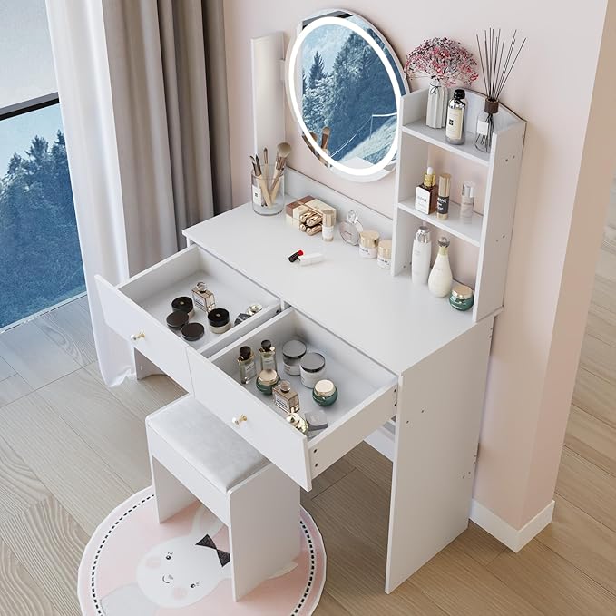 31.5" Small Vanity Desk with Mirror and Lights, Makeup Table with Led Lights, 3 Lighting Colors, Vanity Set with 2 Drawers and Stool for Small Space Bedroom, White