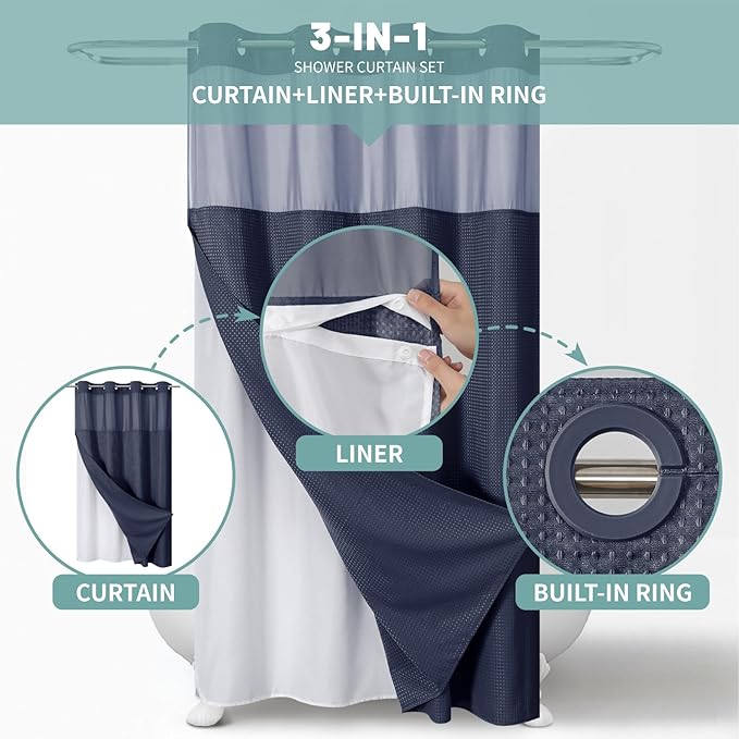 Navy No Hook Waffle Weave Shower Curtain with snap-in Liner Replacement, 230GSM Waterproof Fabric Hotel Shower Curtain Set for Bathroom, Through Mesh Top Window,54Wx80H