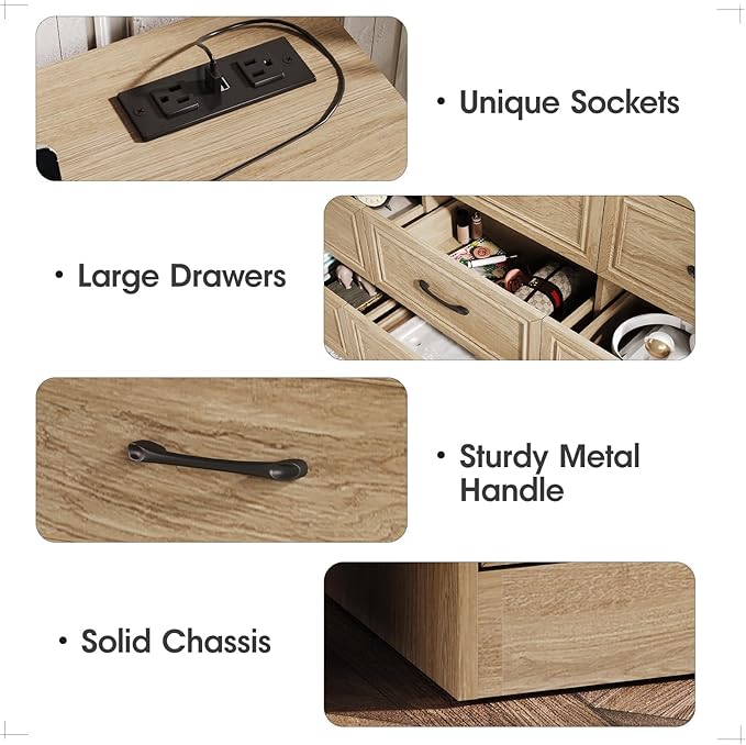 Fameill Dresser for Bedroom, 9 Drawer Wide Dresser Organizer with Charging Station, Tall Dresser for Hallway, Wood Dresser with Metal Handles, Oak