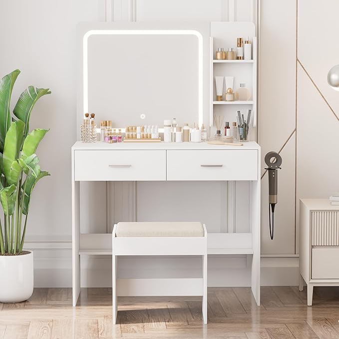 Makeup Vanity with Lighted Mirror & Electrical Outlet - 2 Shelves, 2 Drawers, Bottom Storage - Comes with Upholstered Stool （White）