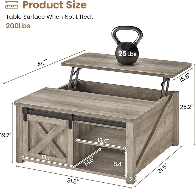 SEDETA 31.5" Lift Top Coffee Table with Storage, Square Coffee Tables for Living Room, Farmhouse Coffee Table with Large Hidden Storage Compartment and Adjustable Shelves, Grey