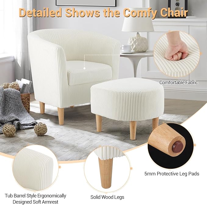 DAZONE Accent Chair, Barrel Chair with Ottoman Comfy Armchair Corduroy Living Room Chairs Mid Century Modern Chair Upholstered Club Tub Sofa Chair for Bedroom Reading Room Ivory