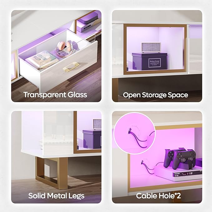 Bestier 80 Inch TV Stand for 65/75/85/90 Inch TVs, LED Gaming Entertainment Center with Open Storage and Half-Glass Design Drawer, Modern High Gloss Media Console for Living Room, White and Gold