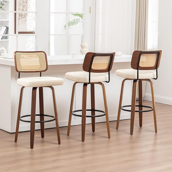 Swivel Counter Height Stools - 26 inch Counter Stools Set of 3 with Curved Rattan Back, Walnut Craftsmanship, Upholstered Seat, Counter Height Bar Stool for Island/Pub/Kitchen (26" Seat Height, Beige)