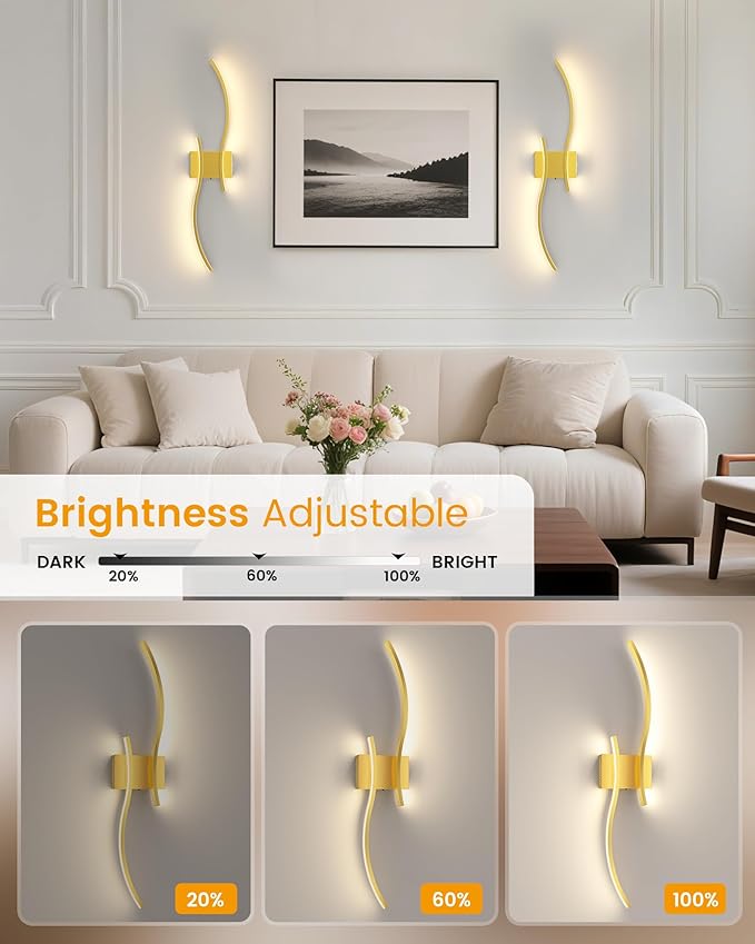 NIORSUN 27.6 Inch Battery Operated Wall Sconce Set of 2, Gold Modern Rechargeable Wall Lights with Remote, 3CCT Dimmable Wireless Wall Lamp for Living Room Bedroom Hallway