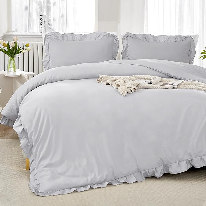 Litanika Light Grey Queen Comforter Set, 3 Pieces Ruffle Farmhouse Aesthetic Bedding Comforter Set, All Season Soft Lightweight Fluffy Microfiber Bed Set(90x90In Comforter, 2 Pillowcases)