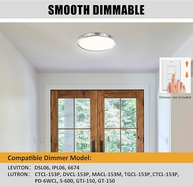 Flush Mount Ceiling Light Fixture, 14 Inch LED Modern Kitchen Light, Slim Dimmable Brushed Nickel Flush Mount Light for Low Ceiling, Laundry, Hallway, Metal and Glass Lighting, 26W, 3000K