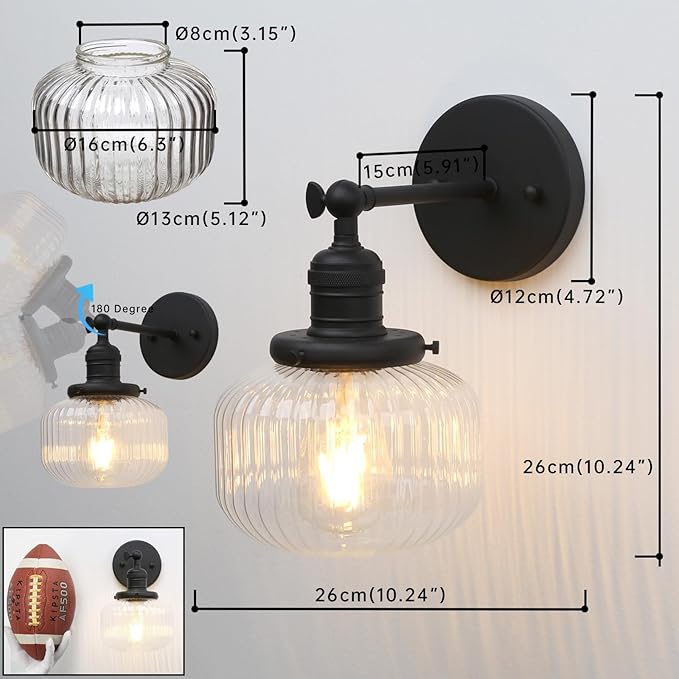 Industrial Vintage Wall Sconce 1-Light with Clear Striped Glass Globe Shade Indoor Wall Mounted Lamp Fixture (Black)