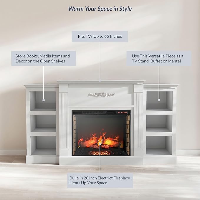 BELLEZE Modern 70" Electric Fireplace Heater Mantel TV Stand & Media Entertainment Center for TVs up to 68" with Energy-Efficient Heater with Sound and Side Book Shelves - Lenore (White)