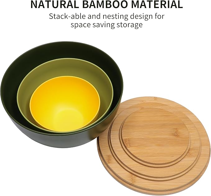 Salad Bowl Set of 3 with Bamboo Lids, Mixing Bowl Set, Nesting Bowls for Space Saving Storage, Made with Durable Eco-Friendly Bamboo Fiber, Great for Prepping and Serving Food (3 Colors)
