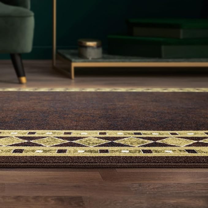 Antep Rugs Alfombras Modern Bordered 8x10 Non-Skid (Non-Slip) Low Profile Pile Rubber Backing Indoor Area Rugs (Brown Beige, 7'10" x 10')