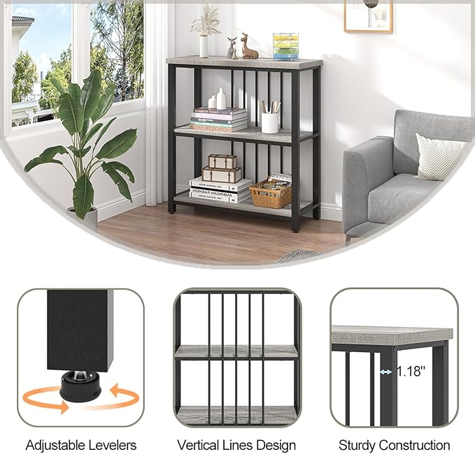 FOLUBAN 3 Tier Bookshelf, Short Bookcase for Small Space, Modern Wooden and Metal Book Shelf for Living Room Bedroom Office (Light Grey Oak)