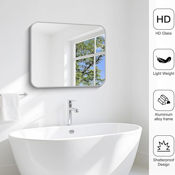 Silver Bathroom Mirror, 30 x 36 Inch Metal Framed Silver Rectangle Mirror, Rounded Corner Rectangular Vanity Mirror, Wall Mounted Mirror for Living Room Bedroom Entryway Horizontal/Vertical
