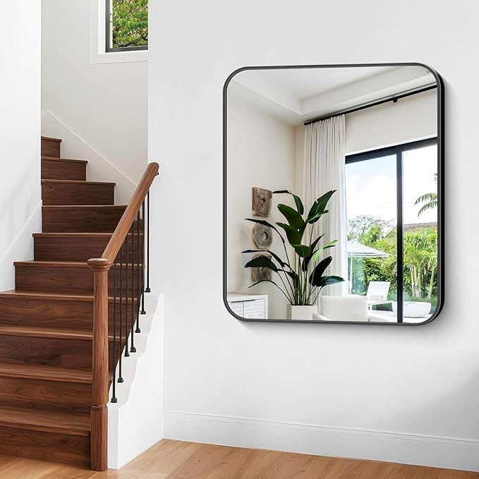 Bathroom Mirror, 40 x 36 inch Black Rectangle Wall Mirror, Metal Frame Rectangular Vanity Mirror, Rounded Corner Wall Mounted Mirror for Modern Bedroom Living Room Hangs Horizontal/Vertical