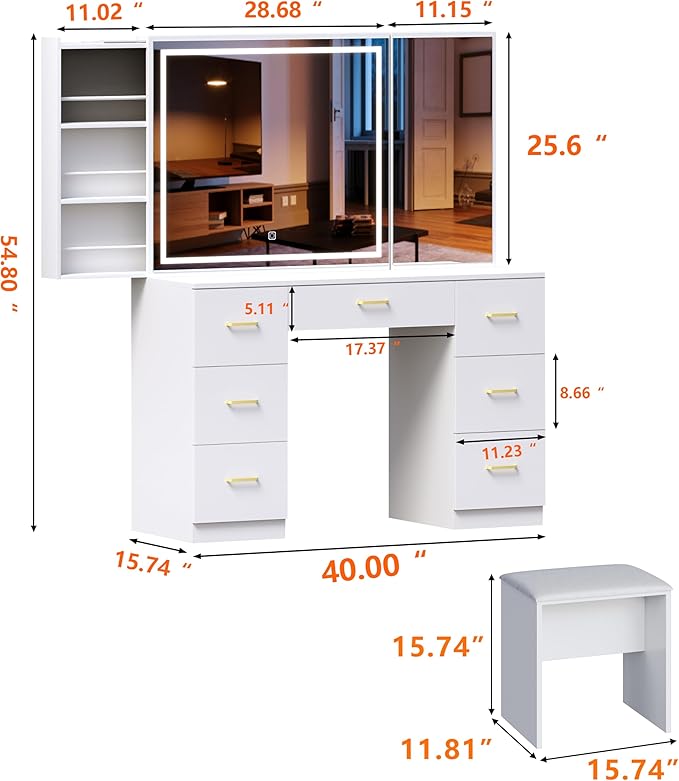 Makeup Vanity with Sliding Storage Wall-Mounted Jewelry,Mirror Cabinet,White Vanity Desk with Extra Large Mirror and Lights,7 Drawers Dressing Table with Vanity Stool&Storage Bench,for Bedroom