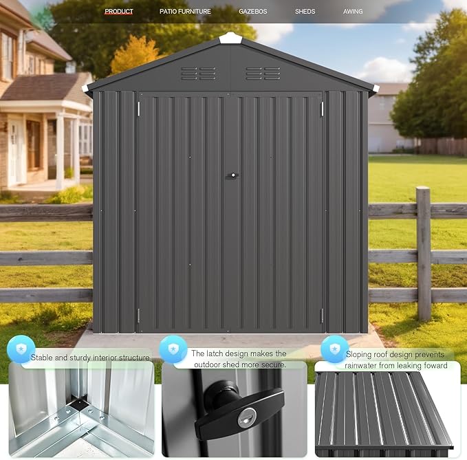 AECOJOY Shed 6' x 4' Storage Shed, Dark Grey Metal Sheds & Outdoor Storage Clearance, Utility and Tool Garden Shed with Lockable Doors for Backyard, Patio, Outside Use
