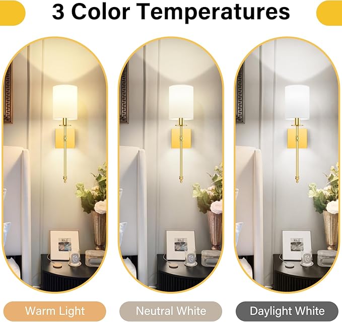 19.9 Inch Wall Sconces Battery Operated Set of 2, Rechargeable Wireless Wall Sconces Lights with Remote, Not Hardwired Dimmable Gold Wall Lamps with White Fabric Shade for Bedroom, 2 Bulbs Included