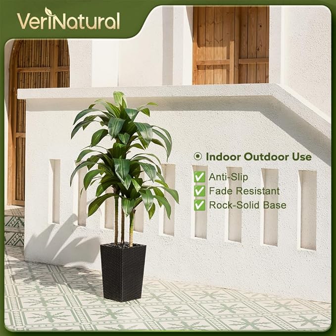 Artificial Dracaena Tree 5FT - Fake Tree with Black Taper Planter & Pebbles - UV Resistant Faux Yucca Tropical Plant - Artificial Trees for Home Office Living Room Decor Indoor Outdoor