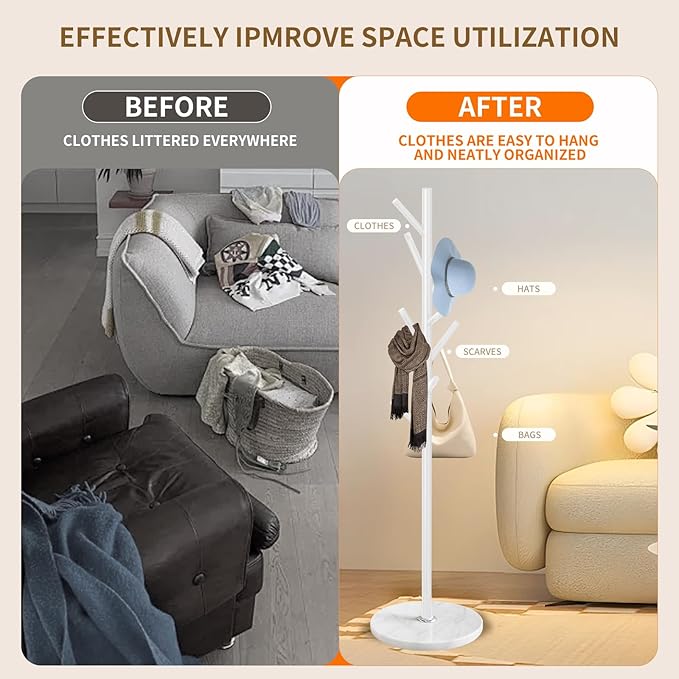 Coat Rack Stand with Natural Marble Base, Metal Coat Rack Freestanding, Modern Coat Racks, Heavy Duty Standing Coat Tree Hanger for Jacket, Bag, Entryway, Office