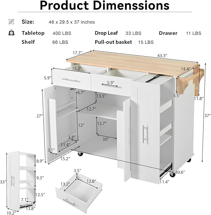 Kitchen Island with Drop Leaf, Kitchen Storage Cart with 3 Tier Pull Out Cabinet Organizer, Internal Storage Rack, Rolling Kitchen Cart on Wheels with Towel Rack, 2 Drawers, for Kitchen, White