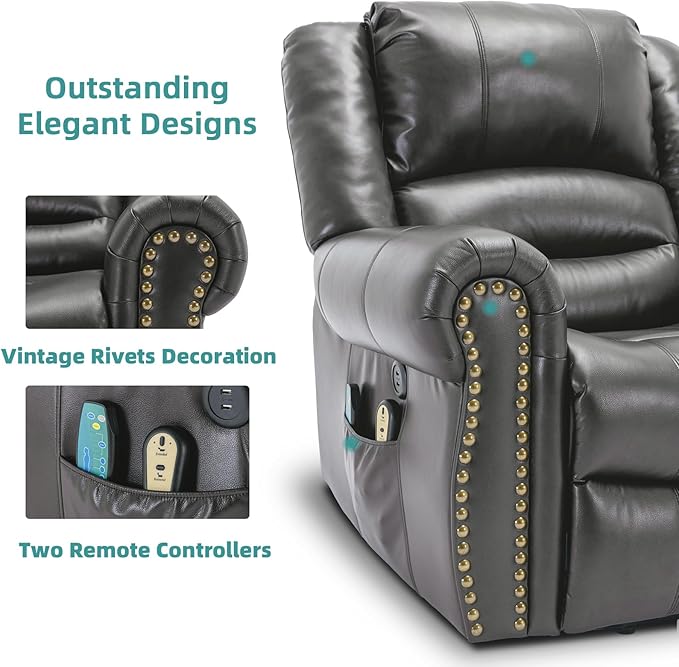 MEETWARM Large Power Lift Electric Recliner Chair for Elderly with Massage and Heat, Overstuffed Wide Recliner, Heavy Duty Sofa for Living Room with 2 Remote Control/USB Ports/Side Pockets(Gray)