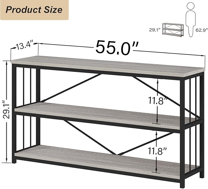 HSH Gray Bookshelf, Industrial Wood Metal Long Bookcase with Storage, Open 3 Tier Bookshelves for Bedroom Living Room, Farmhouse Wooden Etagere Book Shelf for Home Office, Light Grey Oak, 55 Inch